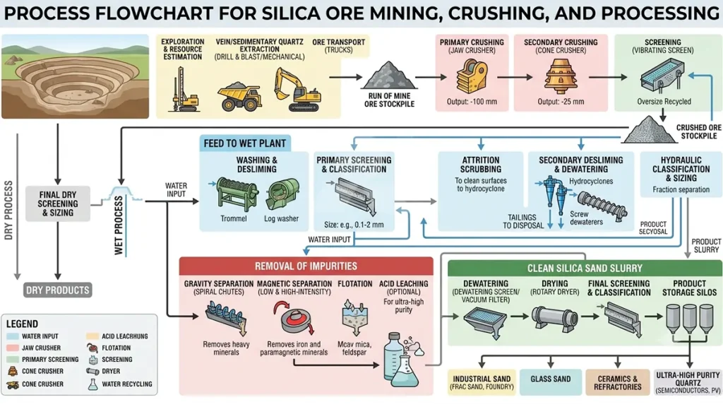 Process Flowchart for Silica Ore Mining, Crushing, and Processing