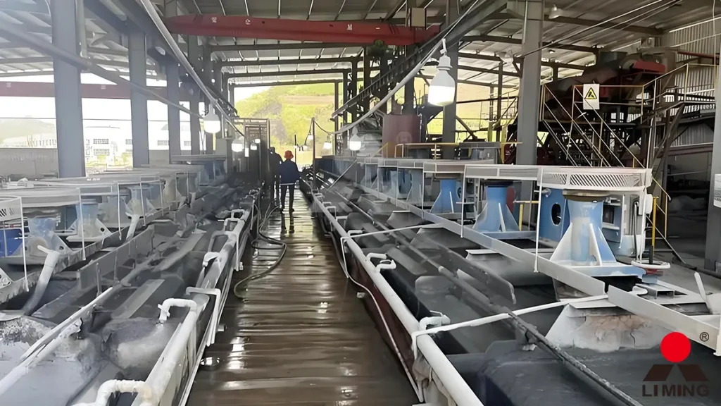 Bank of Sub-A flotation cells processing finely ground barite ore to remove silica and sulfide impurities