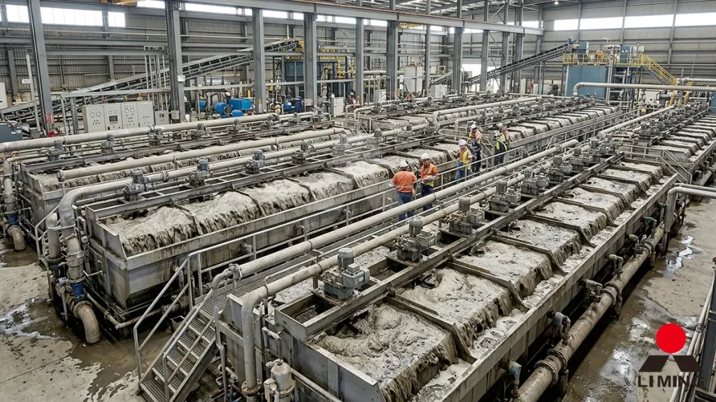 A large-scale froth flotation circuit featuring banks of mechanical flotation cells processing base metal sulfides
